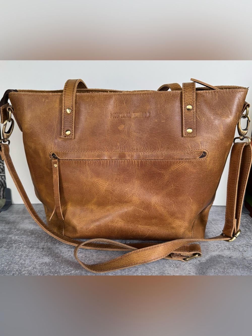 Montana Hudson Eva Leather Tote Bag Brown Zip Laptop Bag w/ Shoulder Strap